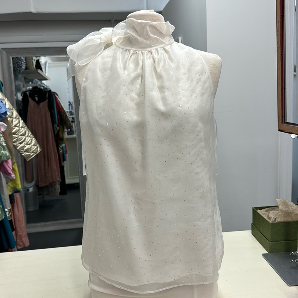 St.John iridescent sleeveless tie neck tank cream